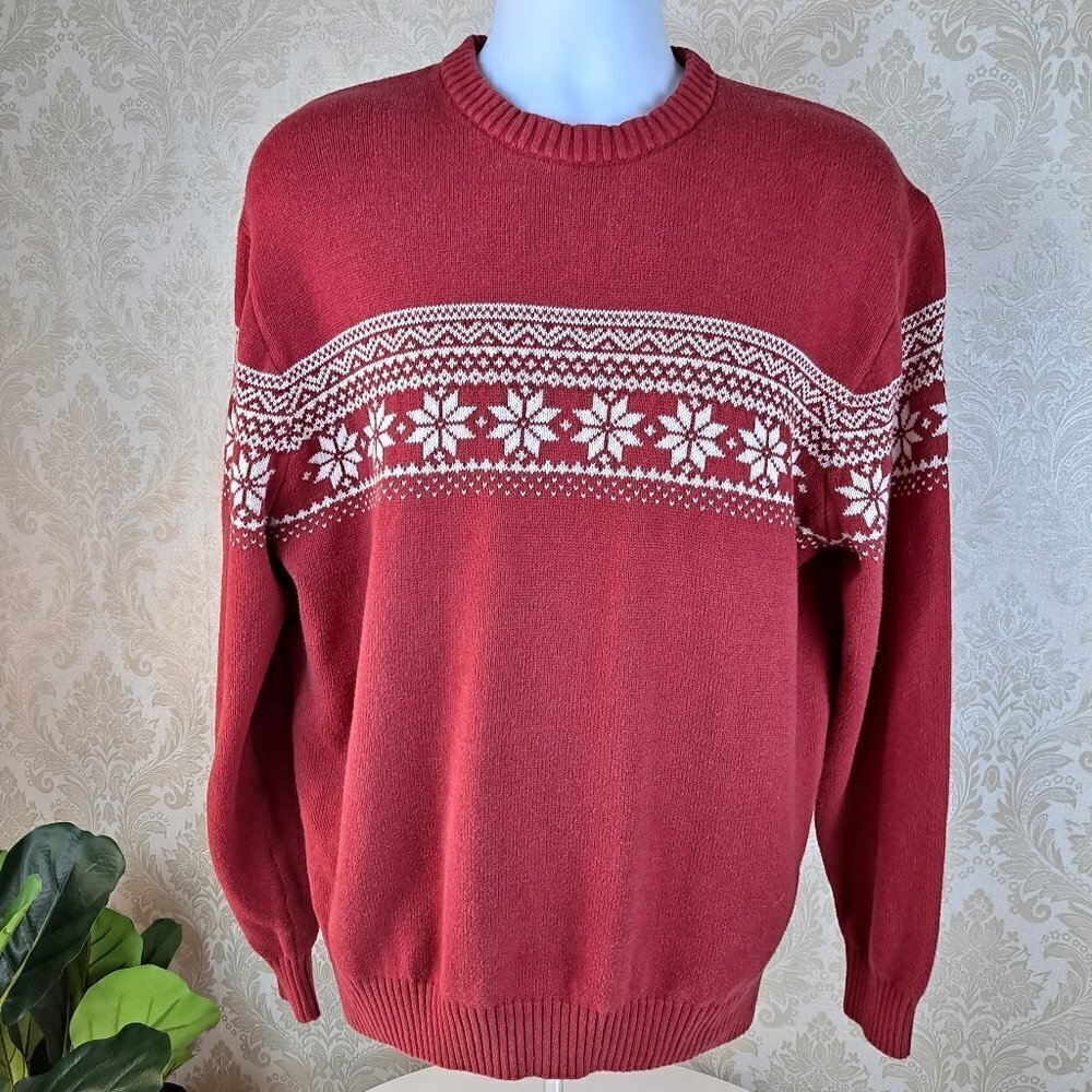 Jos A Bank Size Large Red/White Poinsettia Pattern Winter Sweater Holiday EUC